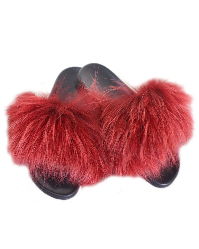 Stylish Red Fur Slides, Sandals with Red Raccoon Fur