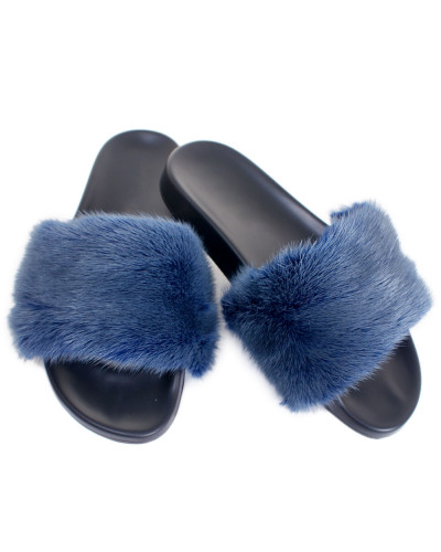 Stylish Women's Fur Slides, Sandals with Blue Mink Fur
