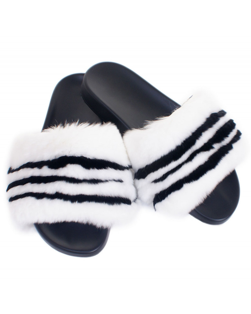 Women's Fur Slides, Sandals with White & Black Rabbit Fur