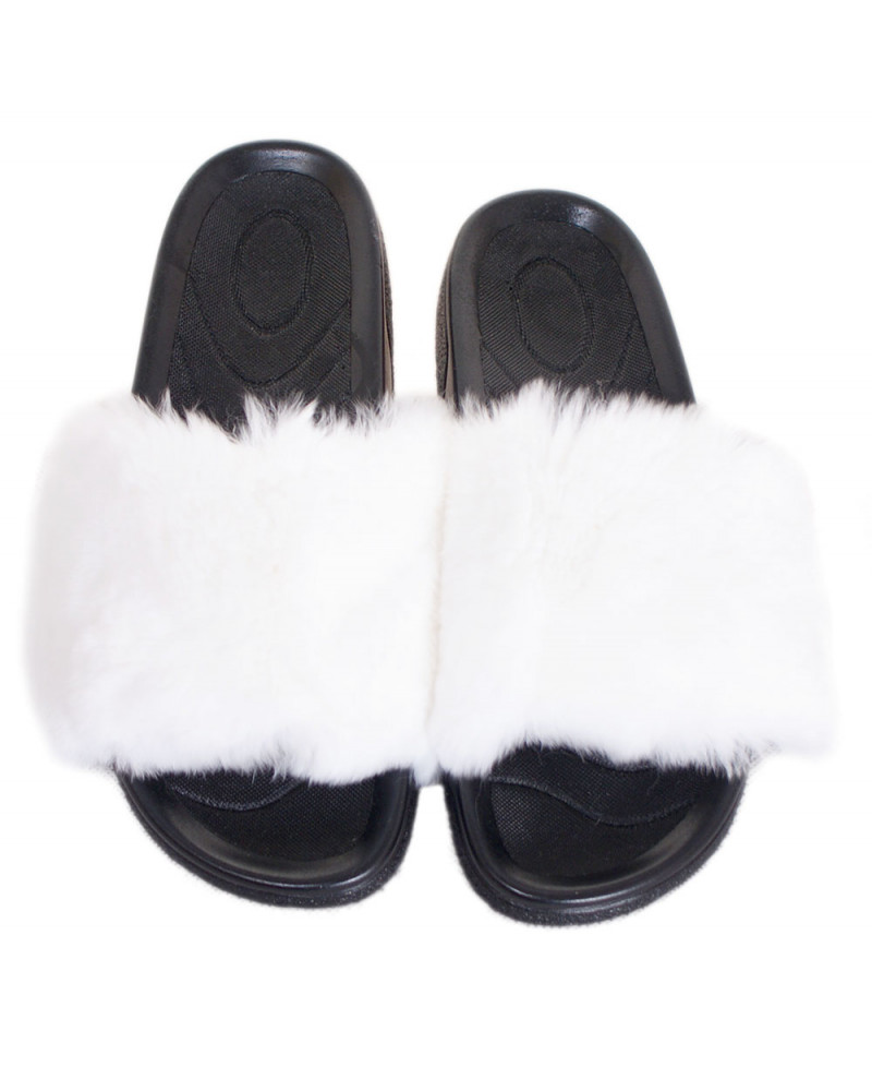 Women's Fur Slides, Sandals with White Rabbit Fur