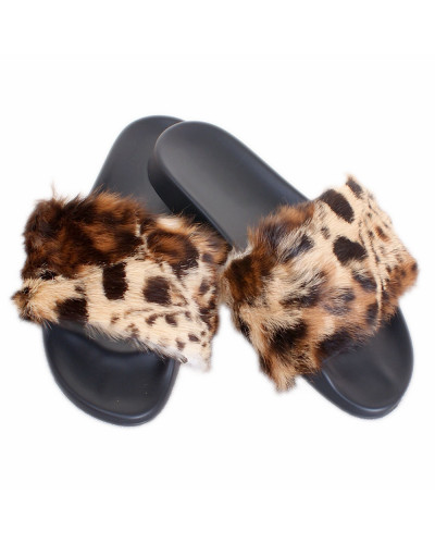 Fur Slides, Sandals with Rabbit Fur - Ocelot Pattern