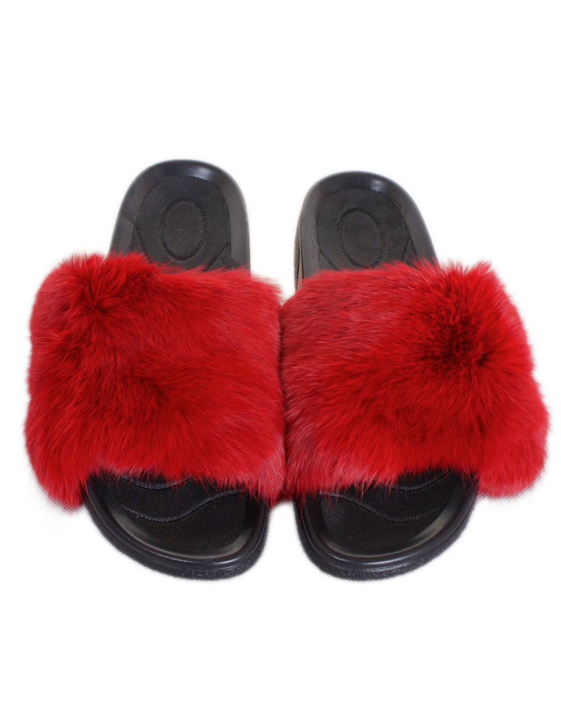 Stylish Women's Fur Slides, Sandals with Red Rabbit Fur