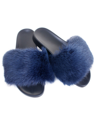 Women's Fur Slides, Sandals with Navy Blue Rabbit Fur