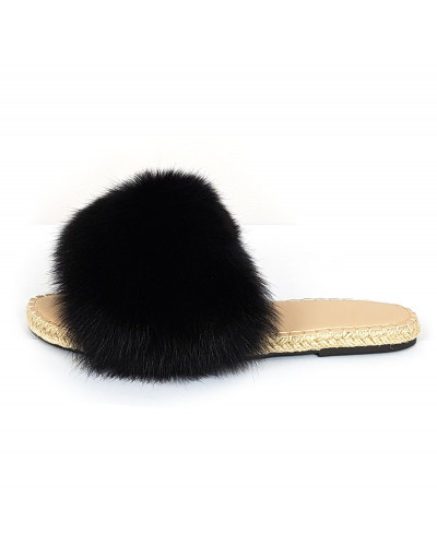 Stylish Braided Sole Slides with Black Fox Fur