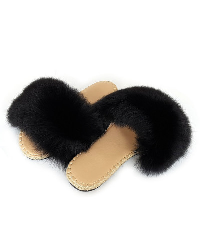 Stylish Braided Sole Slides with Black Fox Fur