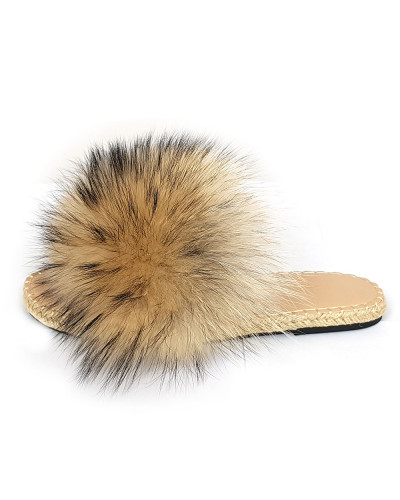 Stylish Braided Sole Slides with Raccoon Fur