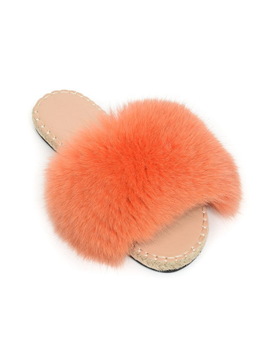 Stylish Braided Sole Slides with Orange Fox Fur