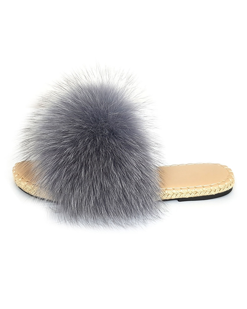 Stylish Braided Sole Slides with grey Fox Fur