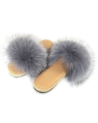 Stylish Braided Sole Slides with grey Fox Fur