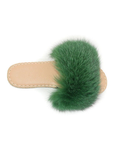 Stylish Braided Sole Slides with Green Fox Fur