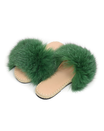Stylish Braided Sole Slides with Green Fox Fur