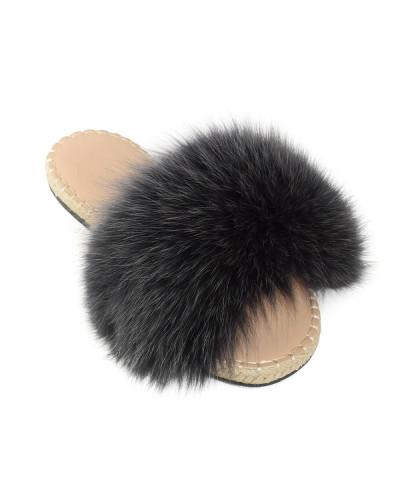 Stylish Braided Sole Slides with graphite Fox Fur