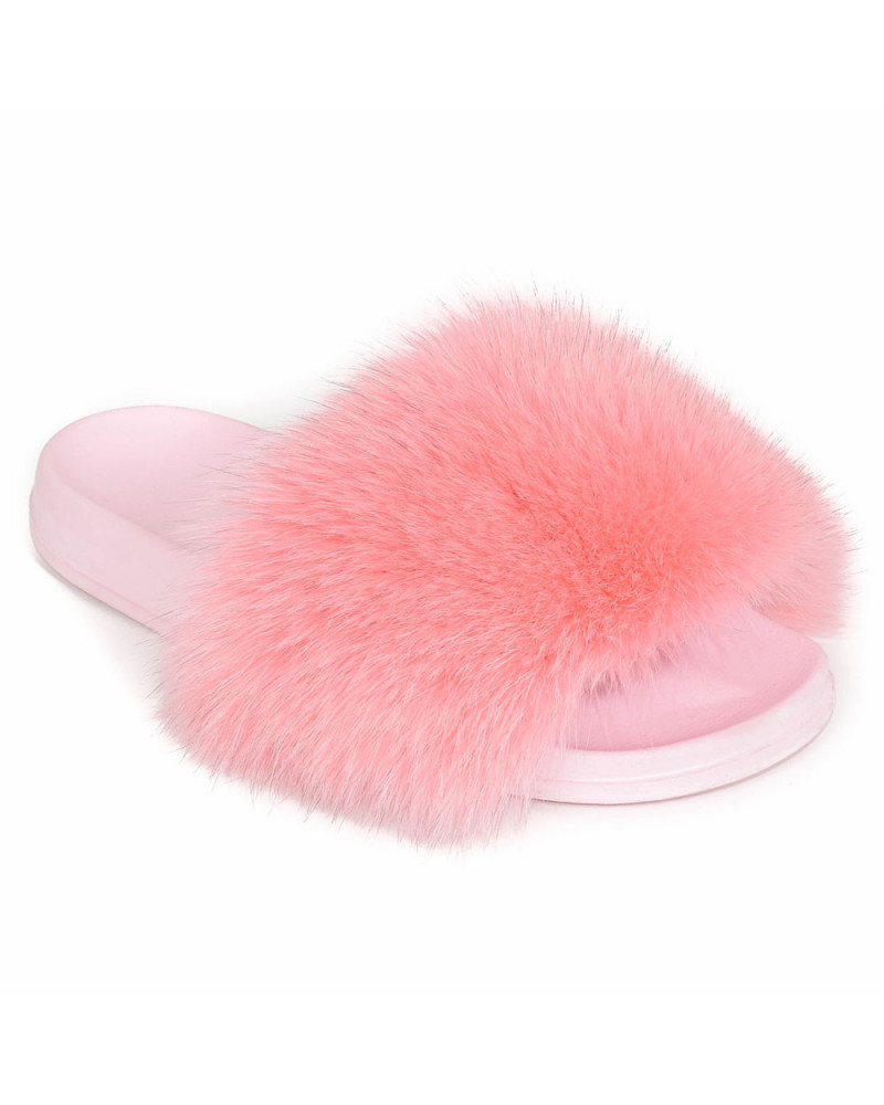 Women's Pink Fur Slides, Sandals with Pink Fox Fur