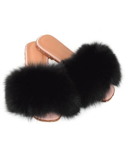 Women's Slides with Black Fox Fur and Studs