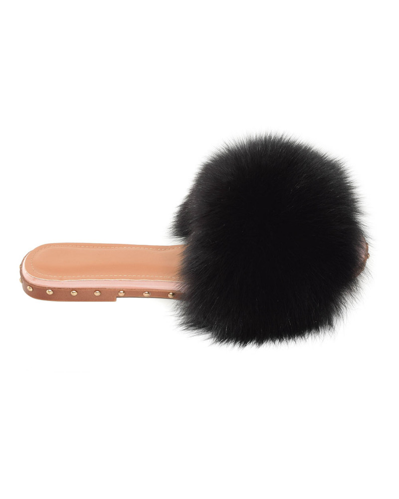 Women's Slides with Black Fox Fur and Studs