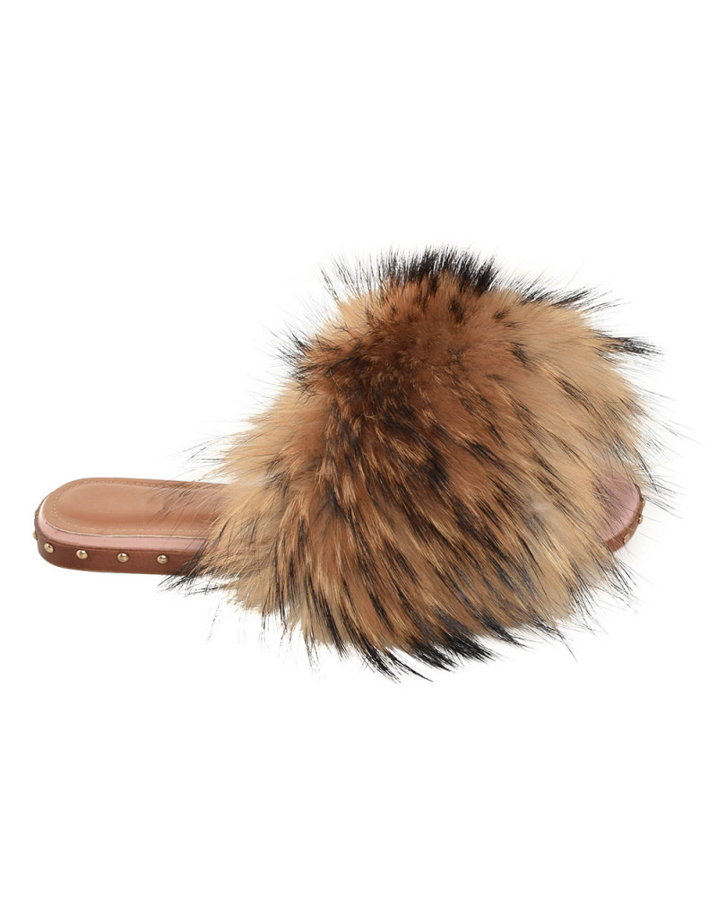 Women's Slides with Raccoon Fur and Studs
