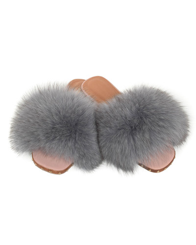 Women's Slides with Grey Fox Fur and Studs