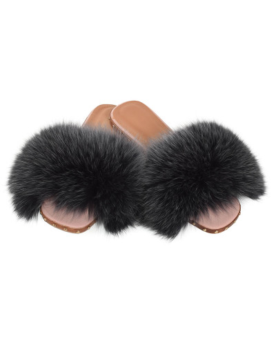 Women's Slides with Graphite Fox Fur and Studs