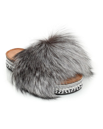 Platform Slides with Silver Fox Fur and Rivets