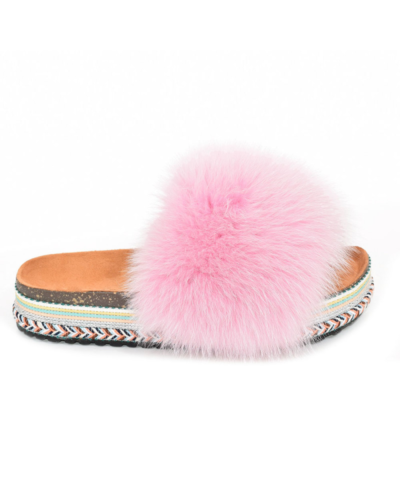 Women's Platform Slides with Pink Fox Fur