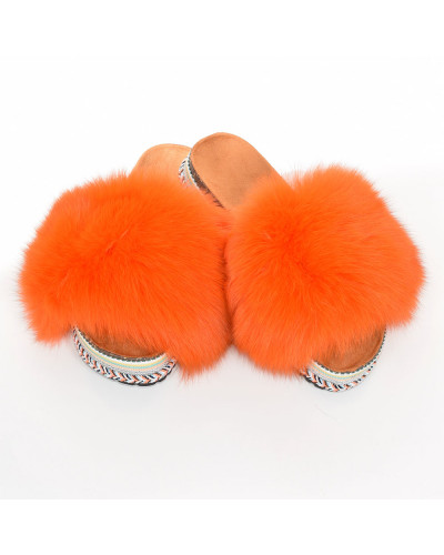 Women's Platform Slides with Orange Fox Fur