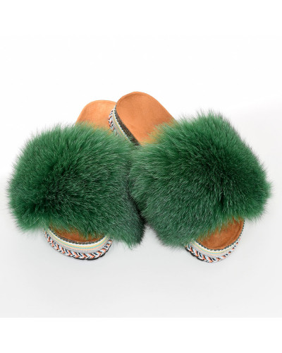 Women's Platform Slides with Green Fox Fur